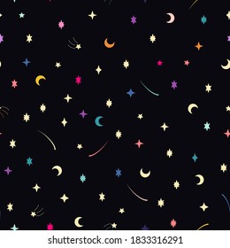 Vector seamless pattern with multicolored stars on black background. For fabric, textile, linen, wallpaper, gift and wrapping paper, greeting card, children's holiday and party invitations, pajamas.