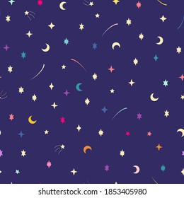 Vector seamless pattern with multicolored stars on purple background. For fabric, textile, linen, wallpaper, gift and wrapping paper, greeting card, children's holiday and party invitations, pajamas.