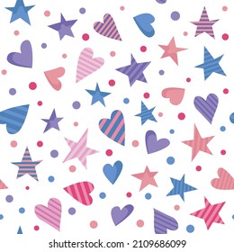 Vector seamless pattern of multicolored stars hearts on a blue background. Stars of blue, pink, lilac in pastel colors. Birthday, Valentine's Day pattern for textiles, wallpaper, wrapping paper