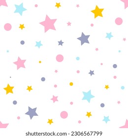 Vector seamless pattern with multicolored stars and polka dots on a white background. Simple cute pattern. Ideal for textiles, fabrics, packaging, wrapping paper and more