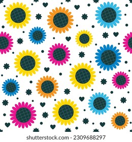 Vector seamless pattern with multicolored sunflowers on a white background. Summer or spring background. Great for wallpaper design, clothing, textile printing, wrapping paper