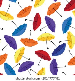 Vector seamless pattern with multi-colored umbrellas. For printing on fabric, children's room decor, clothing. Light background. Isolated on white