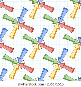 Vector seamless pattern of multi-colored volume arrows on checkered paper