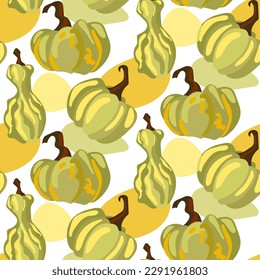 Vector seamless pattern of multicolored yellow pumpkins with spots in a flat style on a white background. Perfect for autumn seasonal wrapping paper, screensavers, textiles, Halloween cards, wallpaper