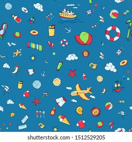 Vector seamless pattern with multicolour funny doodle summer symbols for a beach holiday. Colorful hand drawn illustration