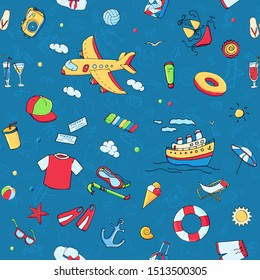 Vector seamless pattern with multicolour funny doodle summer symbols for a beach holiday. Colorful hand drawn illustration