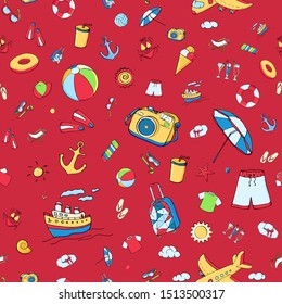 Vector seamless pattern with multicolour funny doodle summer symbols for a beach holiday. Colorful hand drawn illustration