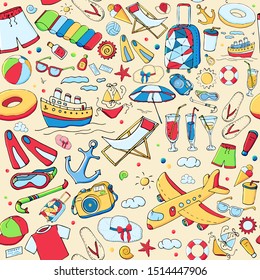 Vector seamless pattern with multicolour funny doodle summer symbols for a beach holiday. Colorful hand drawn illustration