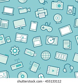 Vector seamless pattern with multimedia and computer line icons on a blue background