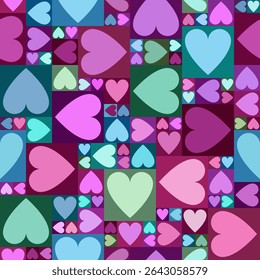 Vector seamless pattern with multiscale directional hearts in rich cool hues pink, turquoise, teal, berry, sea green