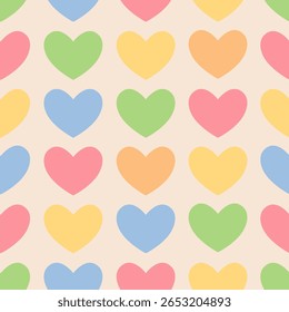 Padrão de vetor sem emenda com corações multicoloridos. Textura brilhante bonita. Padrão de estilo plano para papel de embrulho para têxteis ou cartões de dia dos namorados