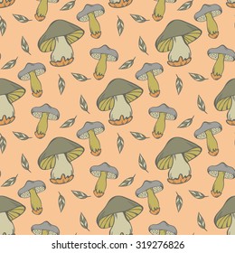 Vector seamless pattern of mushroom in green colors