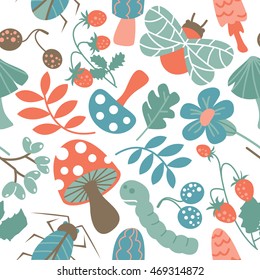 Vector seamless pattern with mushroom, strawberry, bug, warm and leaf. Nature background.