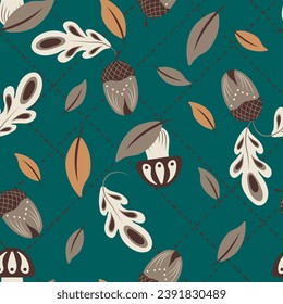 Vector seamless pattern with mushrooms, acorns. leaves. Fall botanical print is perfect for seasonal decor, wrapping paper or textile