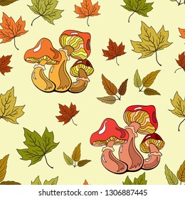 vector seamless pattern with mushrooms and autumn leaves