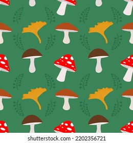 Vector seamless pattern of mushrooms. Autumn pattern. Bright, repetitive texture for the autumn season. Design of postcards, wrapping paper prints, packaging, web design.