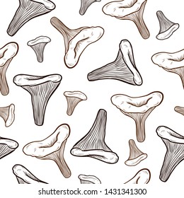 vector seamless pattern of mushrooms: chanterelles. engraving style