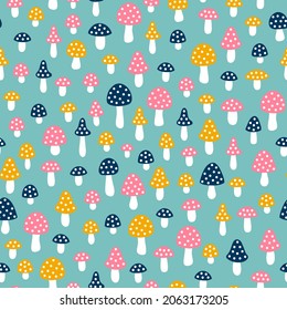 Vector seamless pattern with mushrooms. Colorful mushrooms with dots. Cute childish background. Summer illustration.