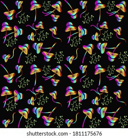 Vector seamless pattern with mushrooms. Crazy texture with scattered fly agarics, toadstools. Bright neon colors on black. Doodle style drawing illustration. Psychedelic background. Stylish design