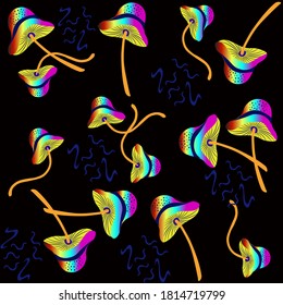 Vector seamless pattern with mushrooms. Crazy texture with scattered fly agarics, toadstools. Bright neon colors on black. Doodle style drawing illustration. Psychedelic background. Repeated design
