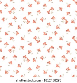 Vector seamless pattern with mushrooms. Cute texture with small scattered fly agarics. Forest nature theme. Doodle style drawing illustration. Cartoon background. Repeated design for decor, prints