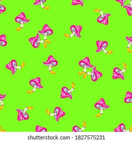 Vector seamless pattern with mushrooms. Cute texture with scattered fly agarics. Crazy neon colors. Doodle style drawing illustration. Psychedelic background. Repeat design for decor, print, wrapping