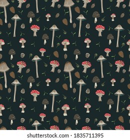 vector seamless pattern with mushrooms in a dark background.