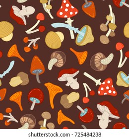 Vector seamless pattern of mushrooms. Edible and poisonous cartoon mushrooms on brown background. Fungal, amanita, girolles, chanterelles, agaric, boletus, fungus, cep. Hand-drawn boundless background