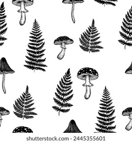 Vector seamless pattern with mushrooms and fern. Mystical, magical aesthetics, wild nature, retro vintage engraving style