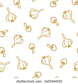 vector seamless pattern with mushrooms and garlic on a white background. it can be used as a kitchen textile design, packaging paper, background or wallpaper.