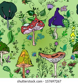 Vector seamless pattern of mushrooms in the grass