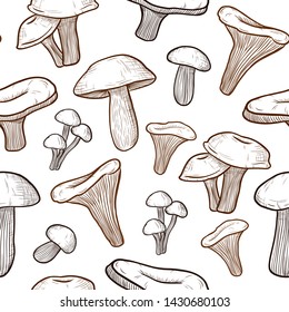vector seamless pattern of mushrooms: honey mushrooms, chanterelles, porcini mushrooms, mushrooms. engraving style