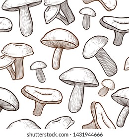 vector seamless pattern of mushrooms: honey mushrooms, porcini mushrooms, mushrooms. engraving style