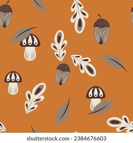 Vector seamless pattern with mushrooms and leave. Fall botanical print is perfect for seasonal decor, wrapping paper or textile