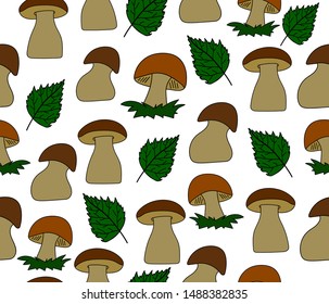 Vector seamless pattern with mushrooms. leaves and wild nature