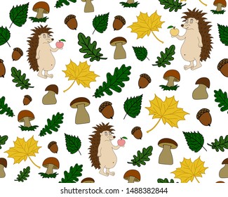 Vector seamless pattern with mushrooms. leaves and hedgehogs