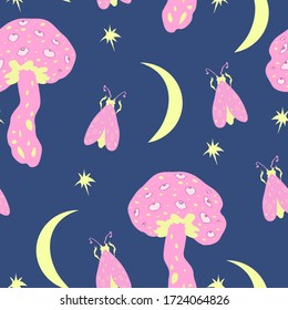 Vector seamless pattern with mushrooms, moths, moons and stars on blue background