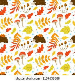 Vector seamless pattern with mushrooms, oak, hedgehog,  leaves and plants on white background. Autumn forest. Perfect for wallpaper, gift paper, autumn greeting cards.
