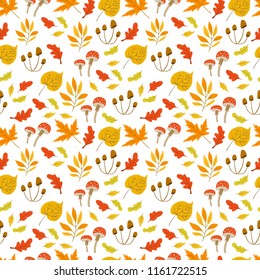 Vector seamless pattern with mushrooms, oak, maple, aspen leaves and plants on white background. Autumn forest. Perfect for wallpaper, gift paper, autumn greeting cards.