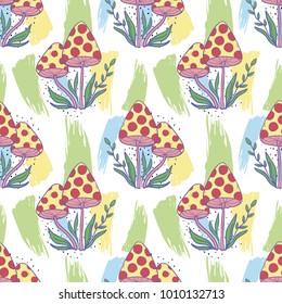 Vector seamless pattern with mushrooms on a white background.Hand draw