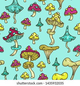 Vector seamless pattern with mushrooms on blue background for print and children fabric