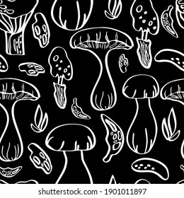 vector seamless pattern mushrooms on black background