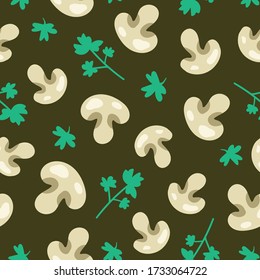 vector seamless pattern with mushrooms and parsley sprigs. it can be used as wallpaper, background, print, textile design, notebooks, phone cases, packaging paper, and more.