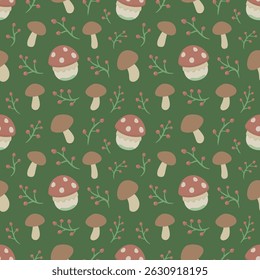 Vector seamless pattern with mushrooms and red berries on dark green background