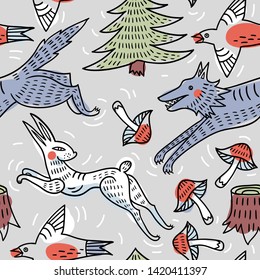 vector  seamless pattern with mushrooms,trees and running animals