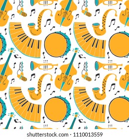 Vector Seamless pattern with music instruments - trombone, trumpet, double bass, saxophone, bass drum and snare drum. Perfect for wallpaper, music festival posters and jazz concerts.
