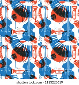 Vector Seamless pattern with music instruments - trombone, trumpet, double bass, saxophone, bass drum and snare drum. Perfect for wallpaper, music festival posters and jazz concerts.