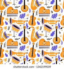 Vector Seamless pattern with music instruments -  trumpet, piano, double bass, saxophone, bass drum and banjo. Perfect for wallpaper, music festival posters and jazz concerts