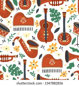 Vector Seamless pattern with music instruments -  trumpet, piano, double bass, saxophone, bass drum and banjo. Perfect for wallpaper, music festival posters and jazz concerts