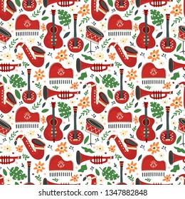 Vector Seamless pattern with music instruments -  trumpet, piano, double bass, saxophone, bass drum and banjo. Perfect for wallpaper, music festival posters and jazz concerts